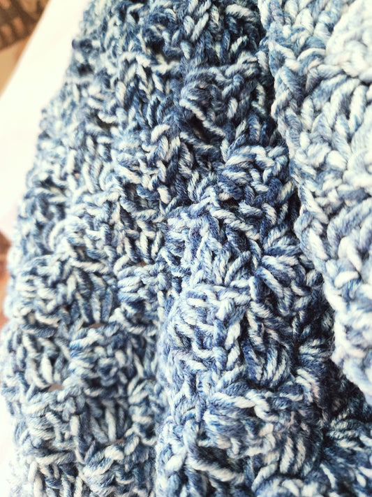 Close-up of a blue and white knitted fabric