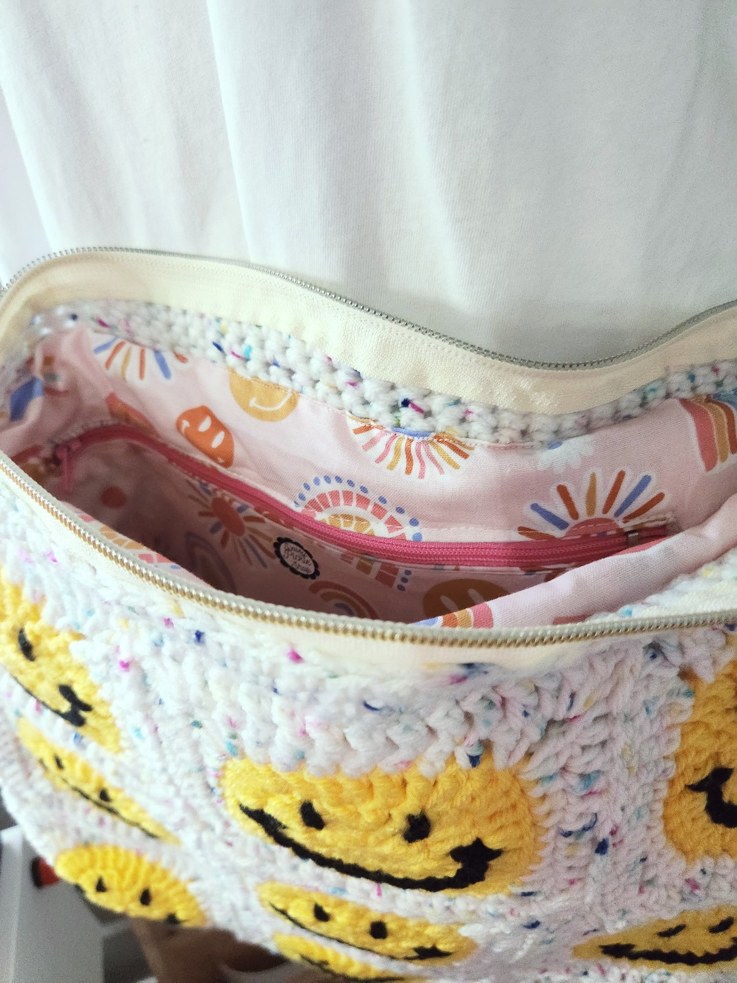 happy face crocheted bag