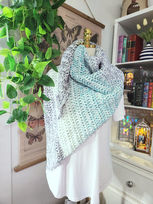 Person wearing a light blue patterned shawl in a room with plants and books.