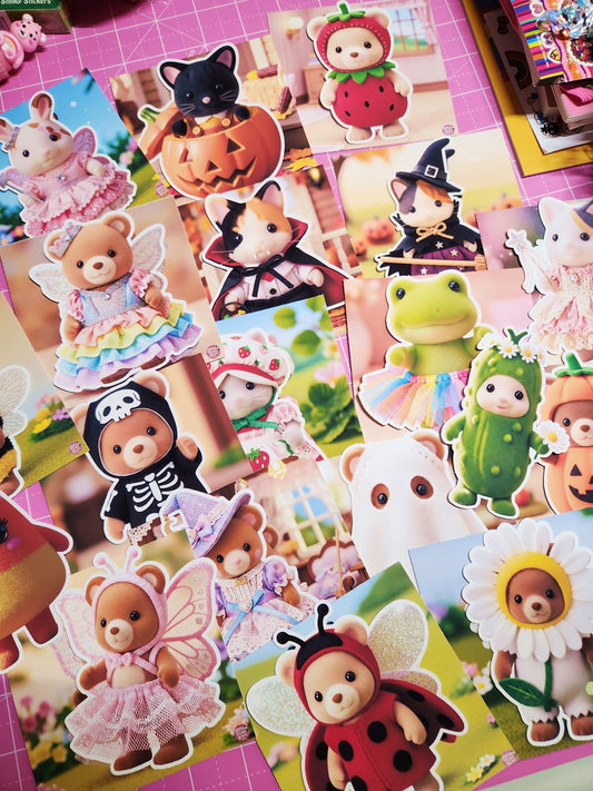 Collection of colorful animal-themed stickers on a pink grid background