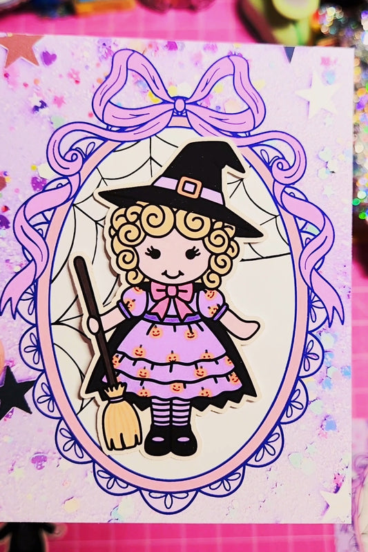 Cartoon witch with a broomstick in a decorative frame on a colorful background