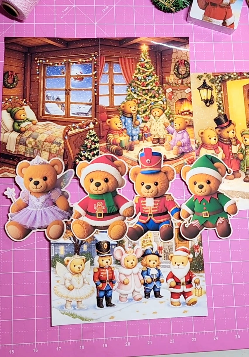 Set of Christmas-themed teddy bears on a pink grid background