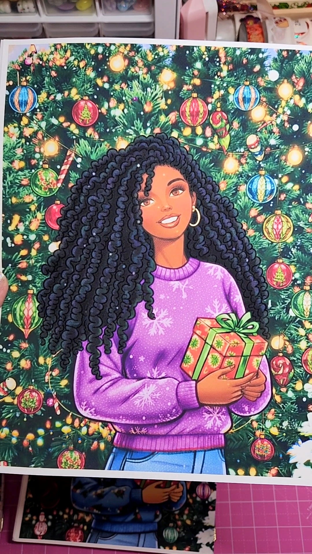 Illustration of a woman holding a gift with a festive background