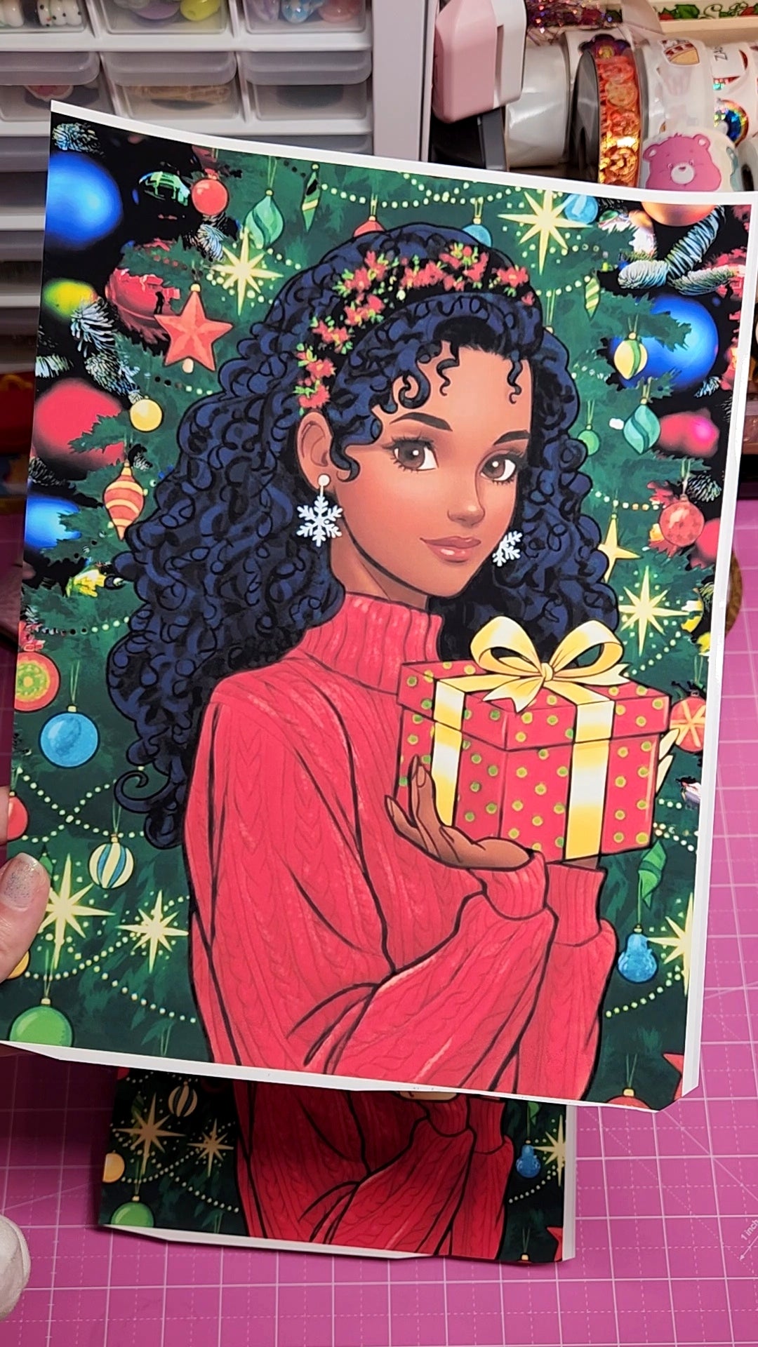 Coloring book with a girl holding a gift in a festive setting