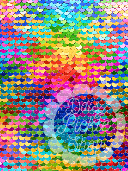 Colorful sequin pattern with a circular design and text overlay.