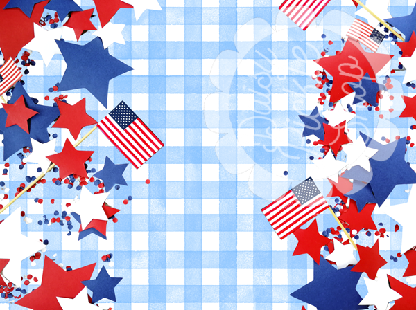 Pattern with red, blue, and white stars and flags on a blue checkered background.