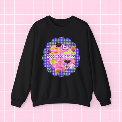 A black crewneck sweatshirt featuring a colorful retro-style graphic print on the front with a purple and green plaid scalloped border and the text 'GREAT GATSBY SESSION'. The sweatshirt is displayed flat against a light pink grid background.
