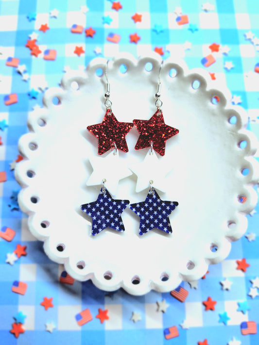 Red White and Blue Sparkle Stack Star Earrings