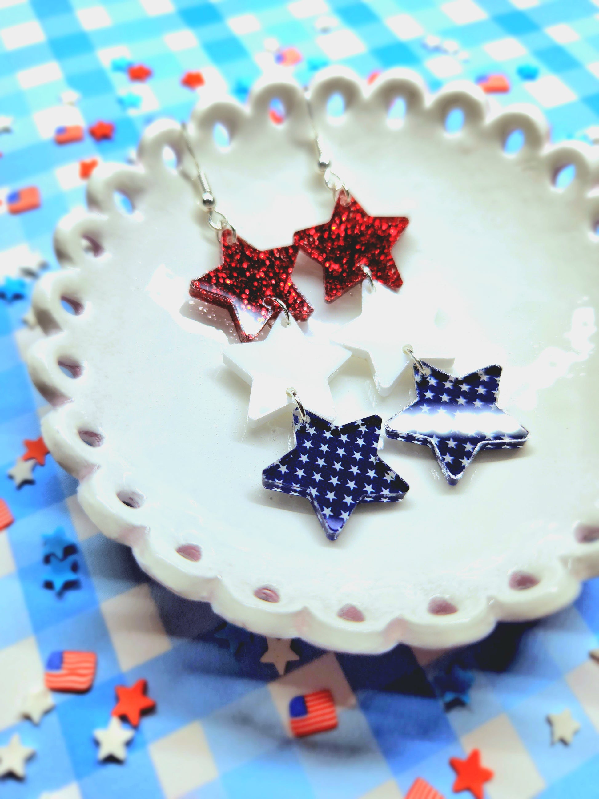 Red White and Blue Sparkle Stack Star Earrings