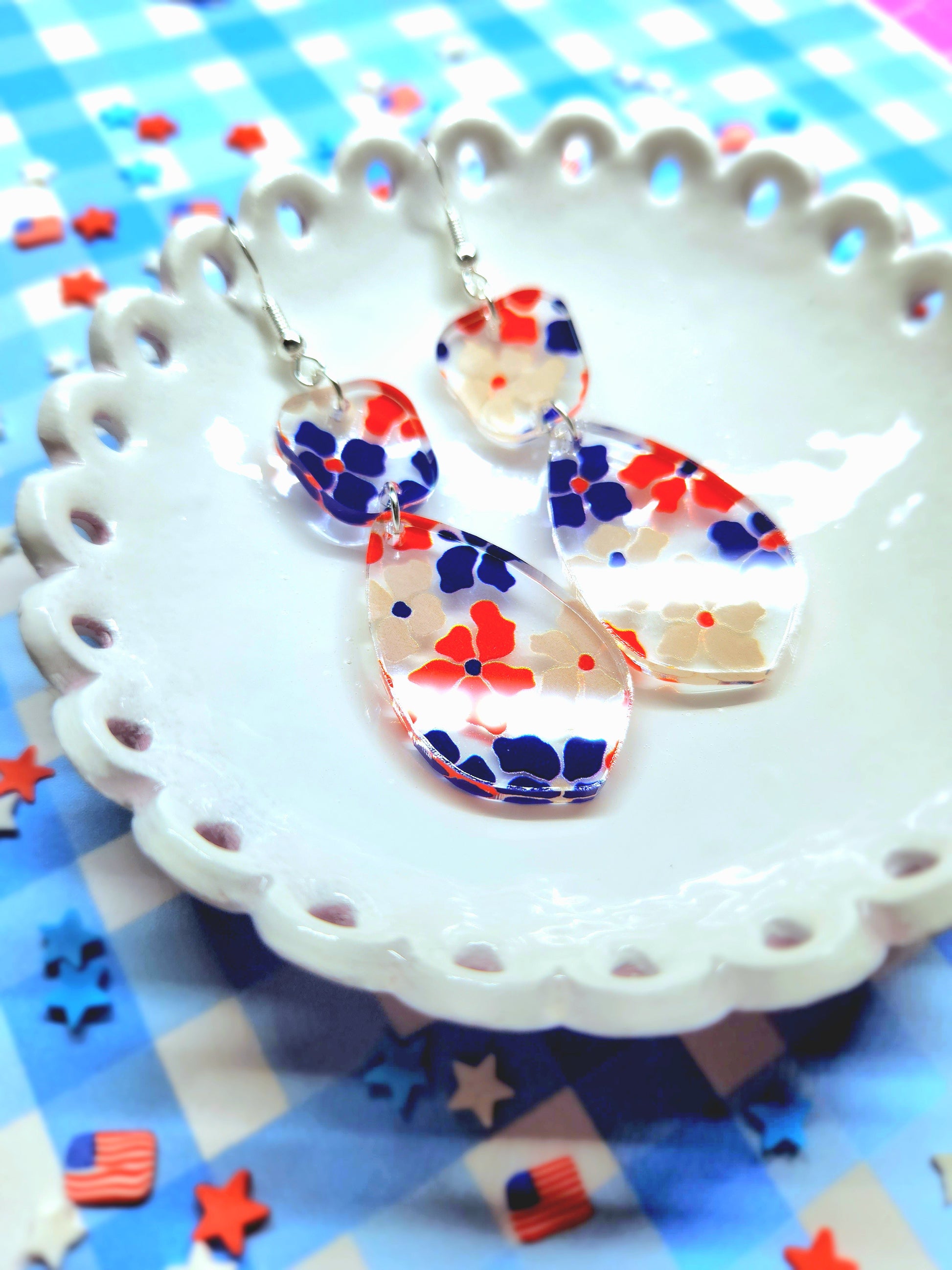 Red White and Blue Floral Stack Earrings