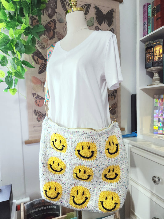 happy face crocheted bag