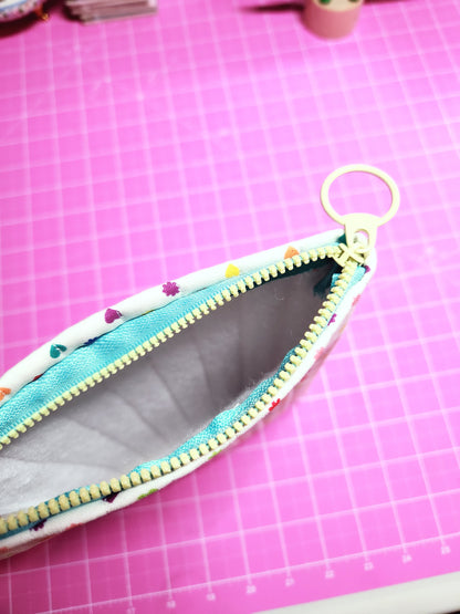 Pouch with colorful zipper on a pink grid background