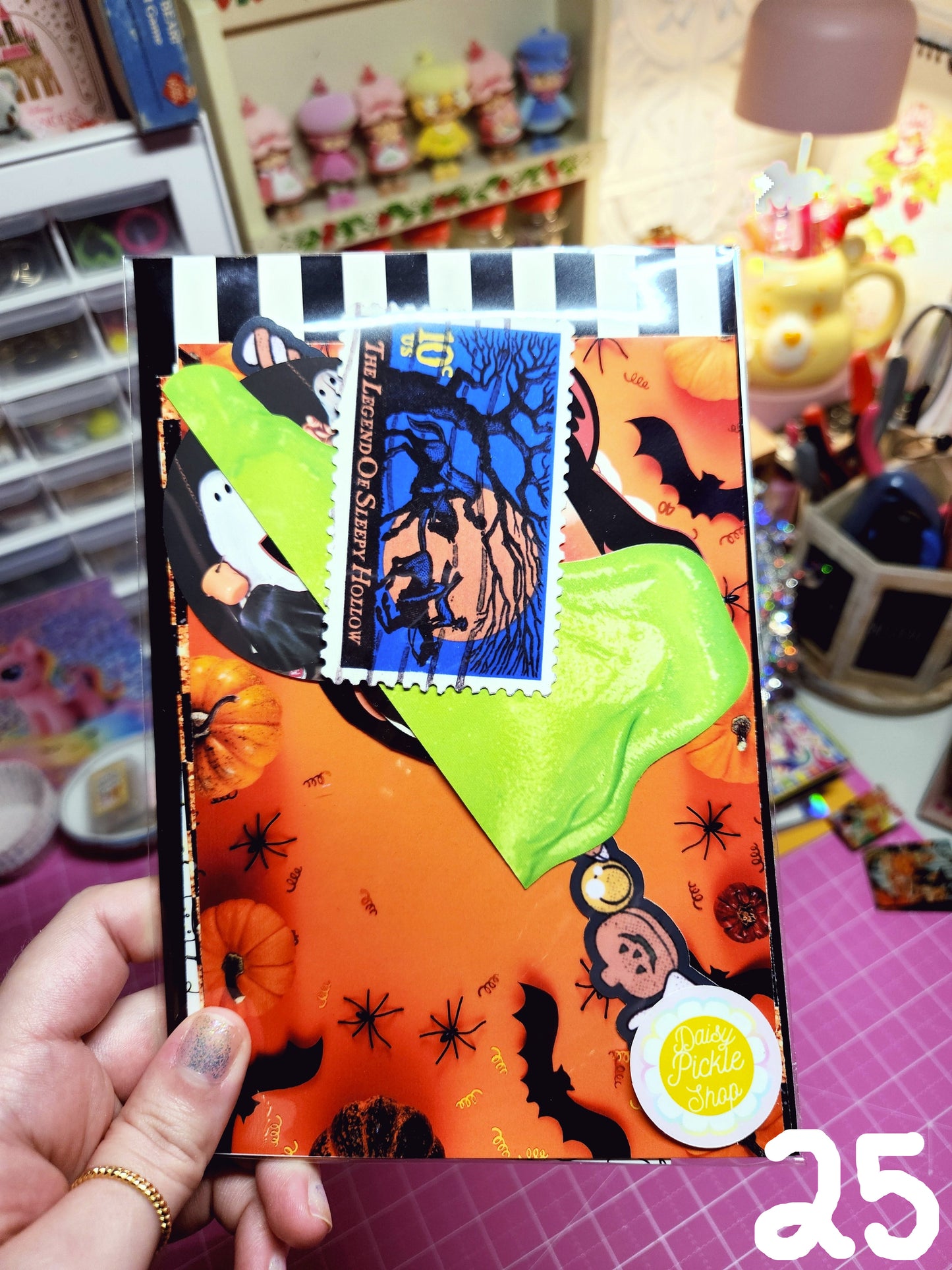 Halloween-themed product with a stamp on an orange background
