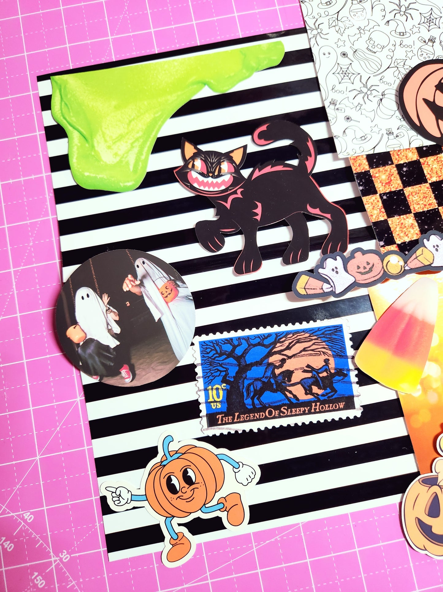 Collection of colorful stickers on a striped background