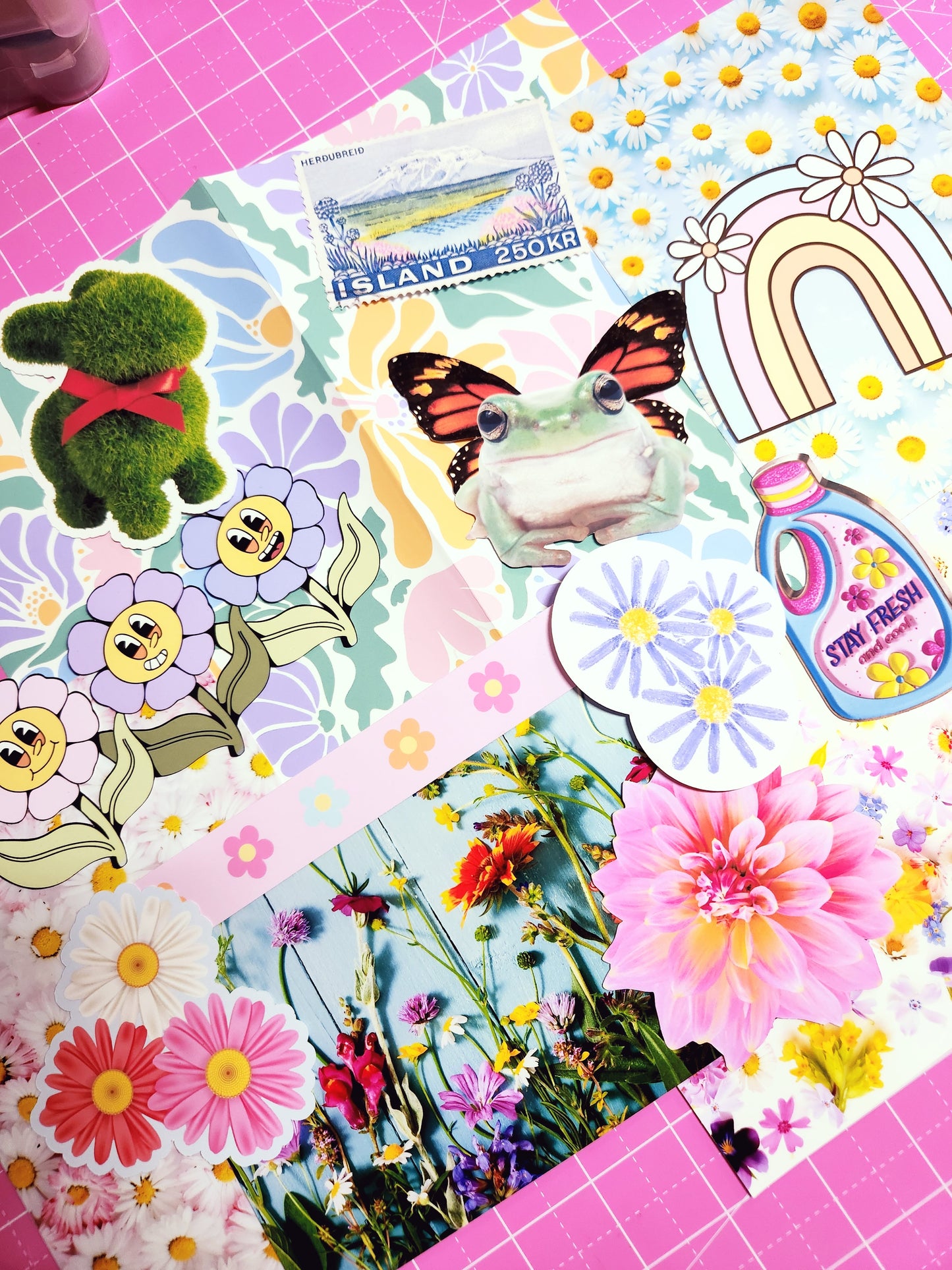 Collection of colorful stickers on a pink grid background