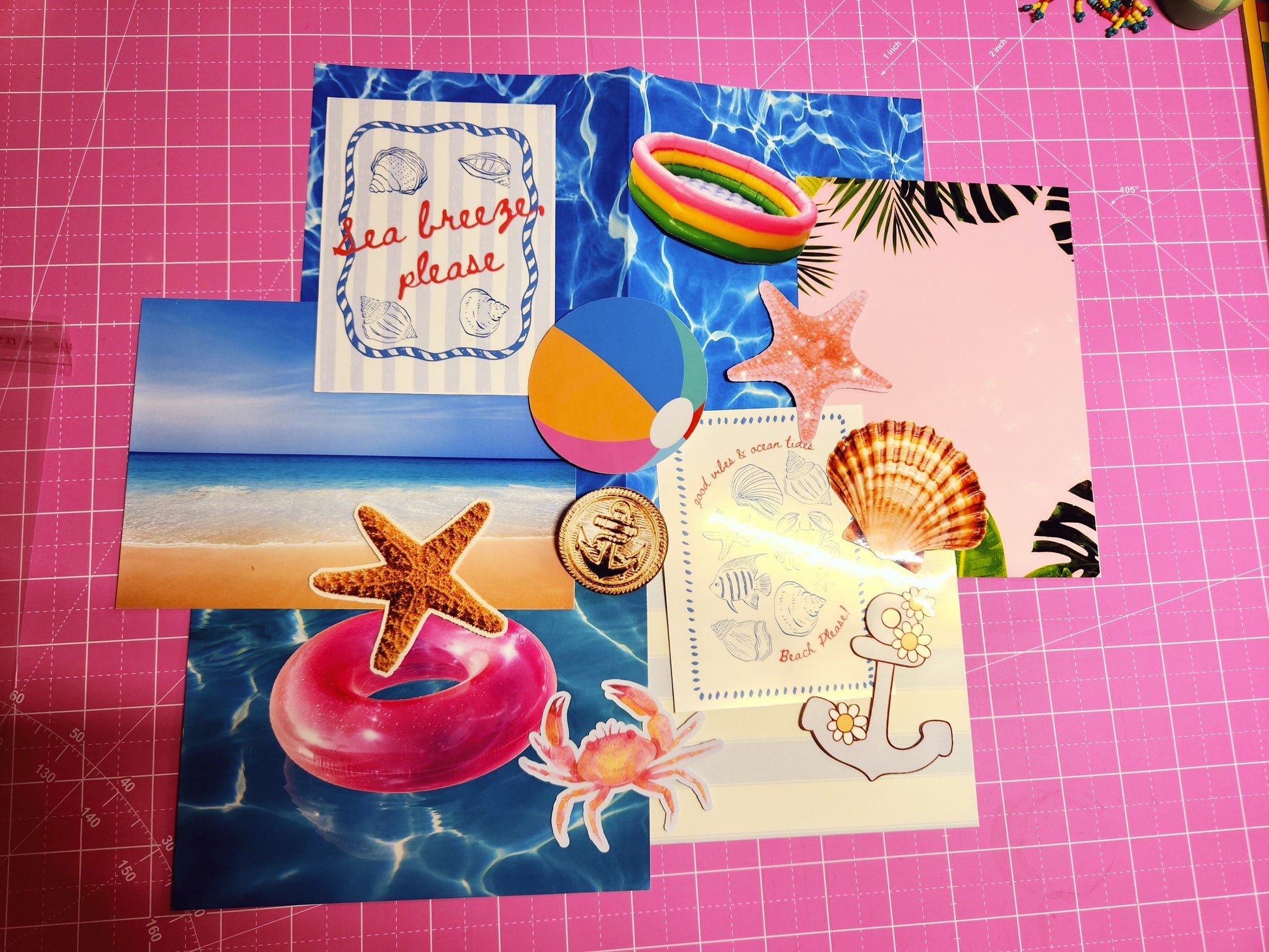 Set of beach-themed cards on a pink grid background
