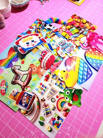 Colorful assortment of fidget toys on a pink cutting mat