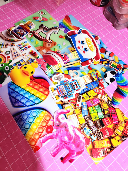 Assorted colorful toys and stickers on a pink cutting mat