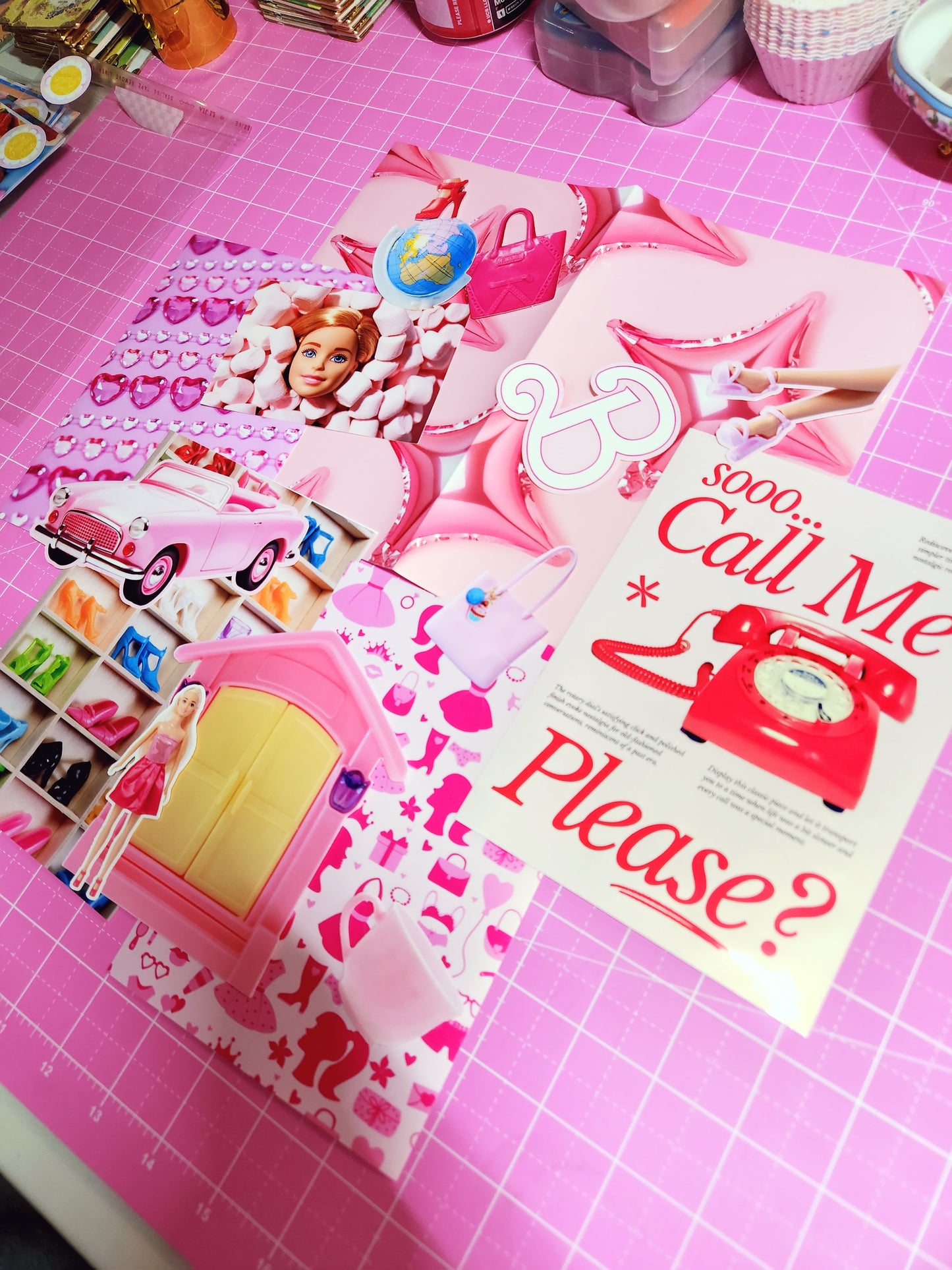 Collection of decorative paper sheets with graphics on a pink grid background