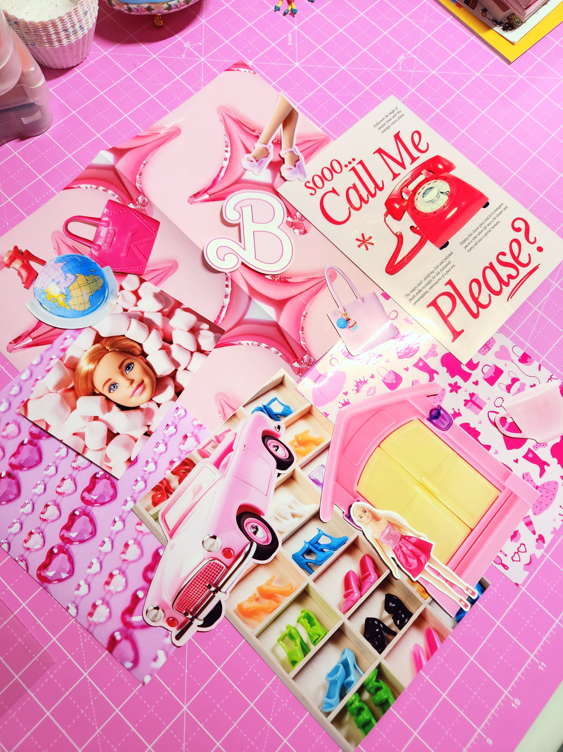 Collection of stationery items on a pink grid background