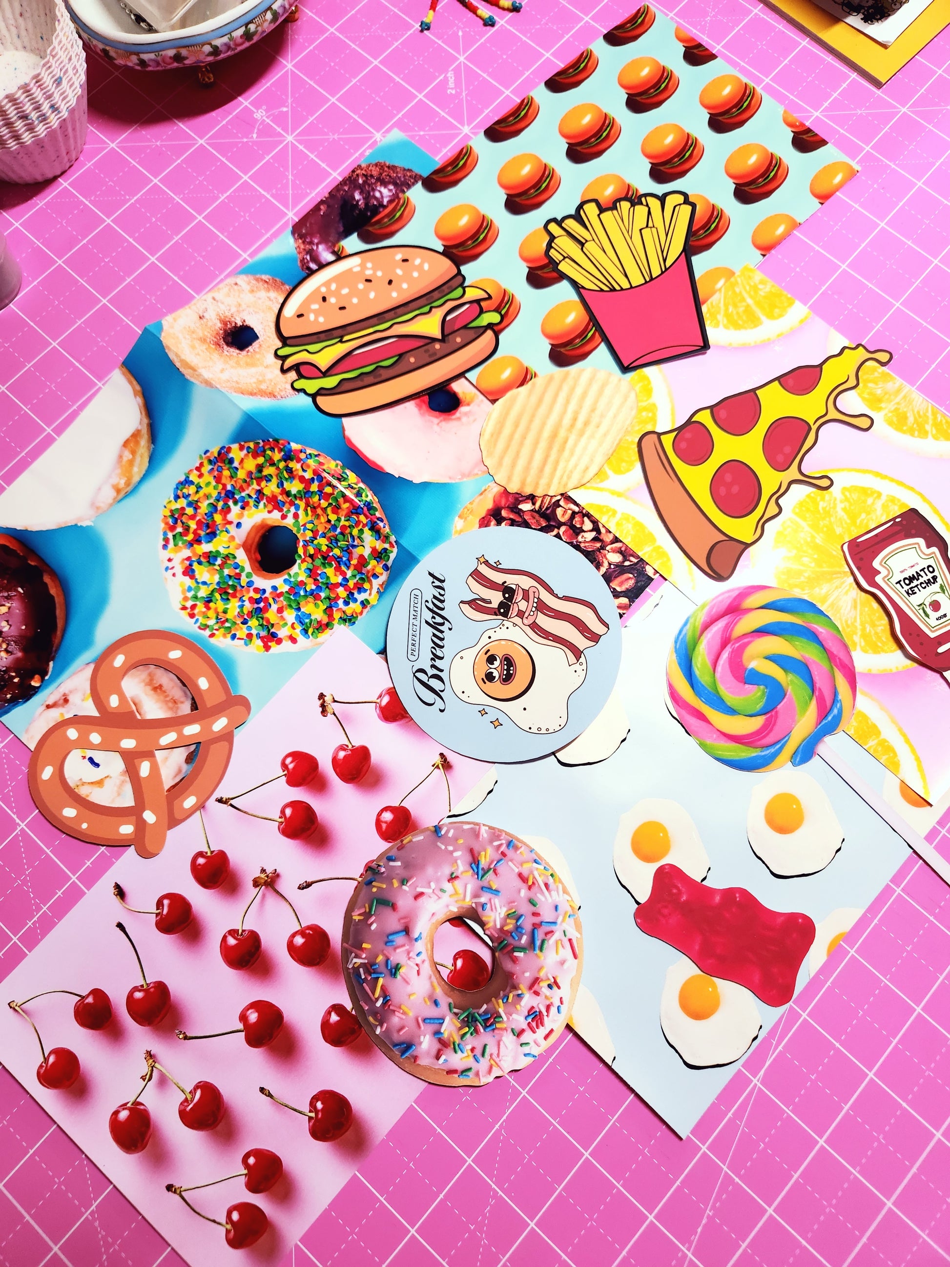Colorful food-themed stickers on a pink grid background