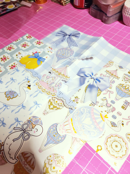 Decorative paper with cartoon swans and bows on a pink grid background