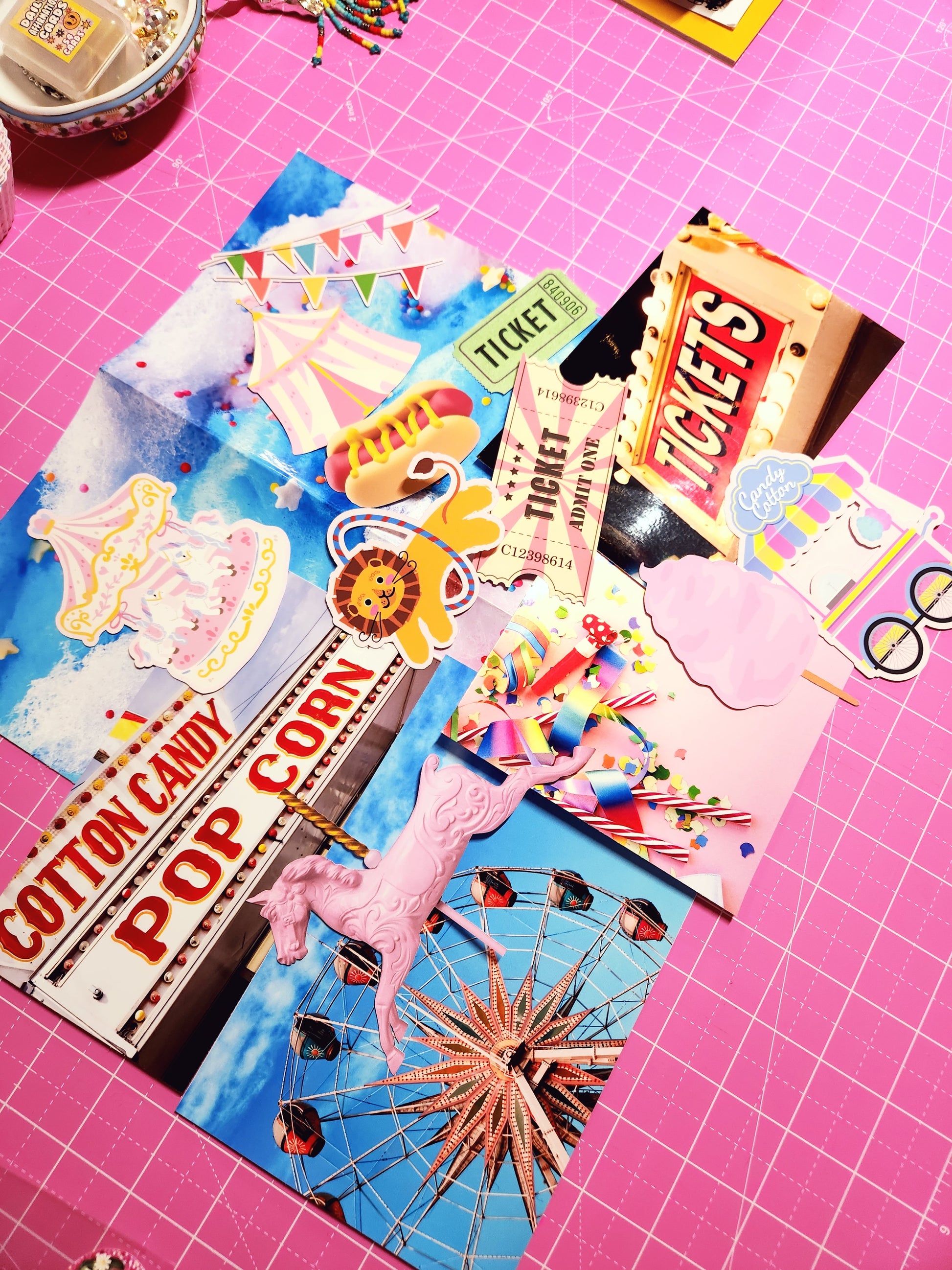 Collection of vintage-style carnival-themed stickers on a pink grid background