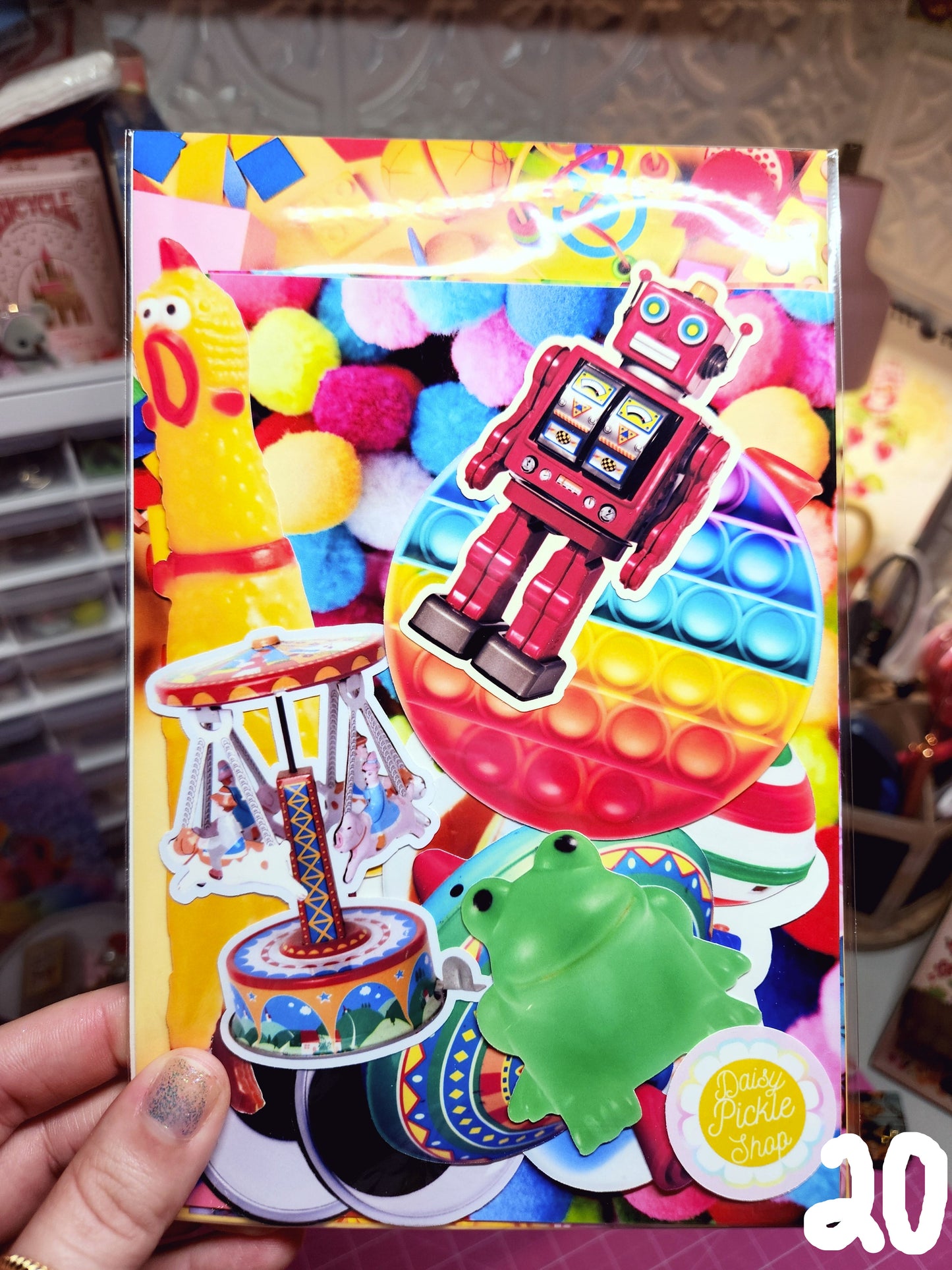 Colorful toy set with various toys on a box