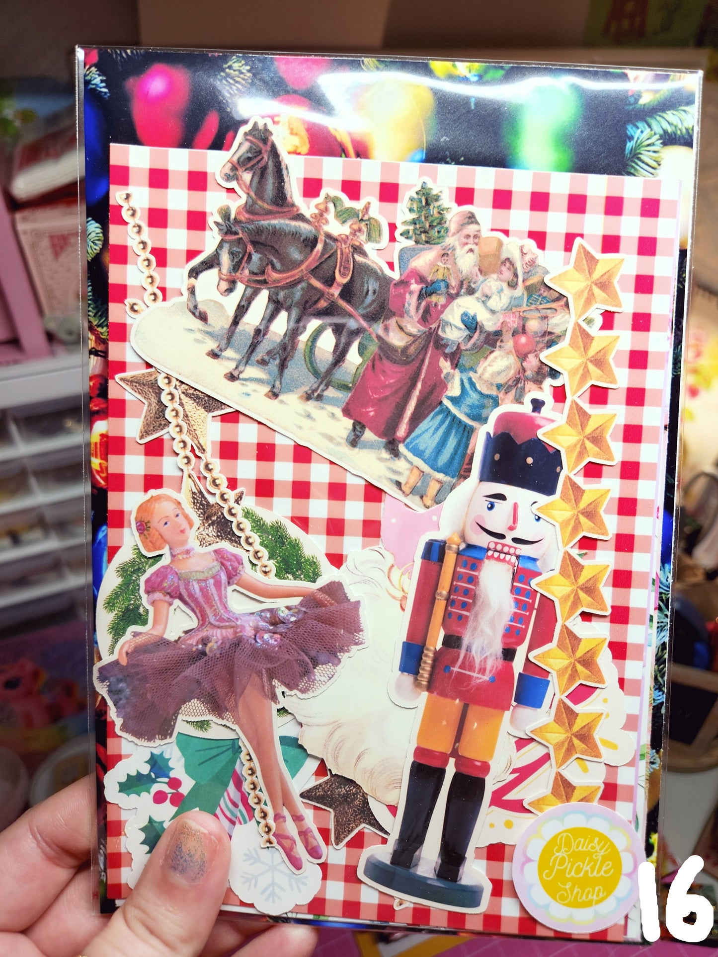 Colorful book cover with cartoon characters and decorative elements on a checkered background