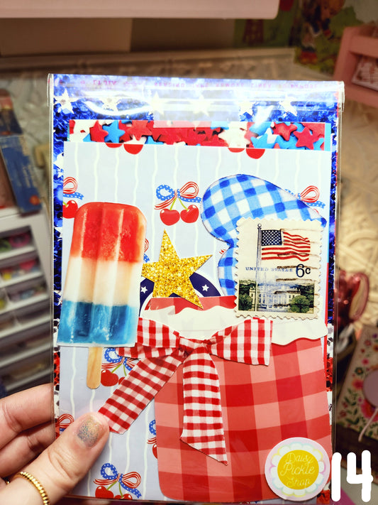 Colorful children's book with patriotic design held by a hand.