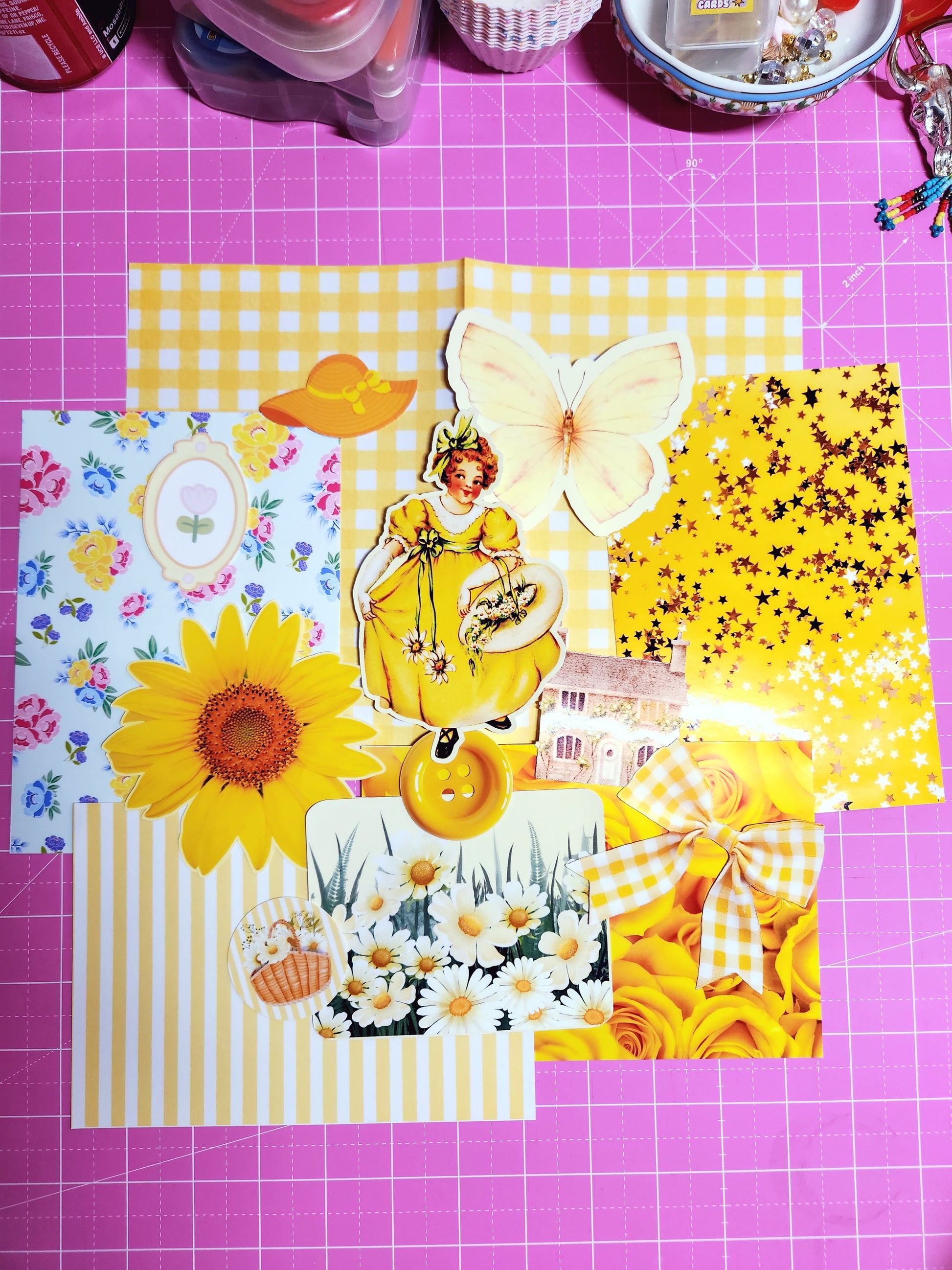 Collection of yellow-themed stickers on a pink grid background
