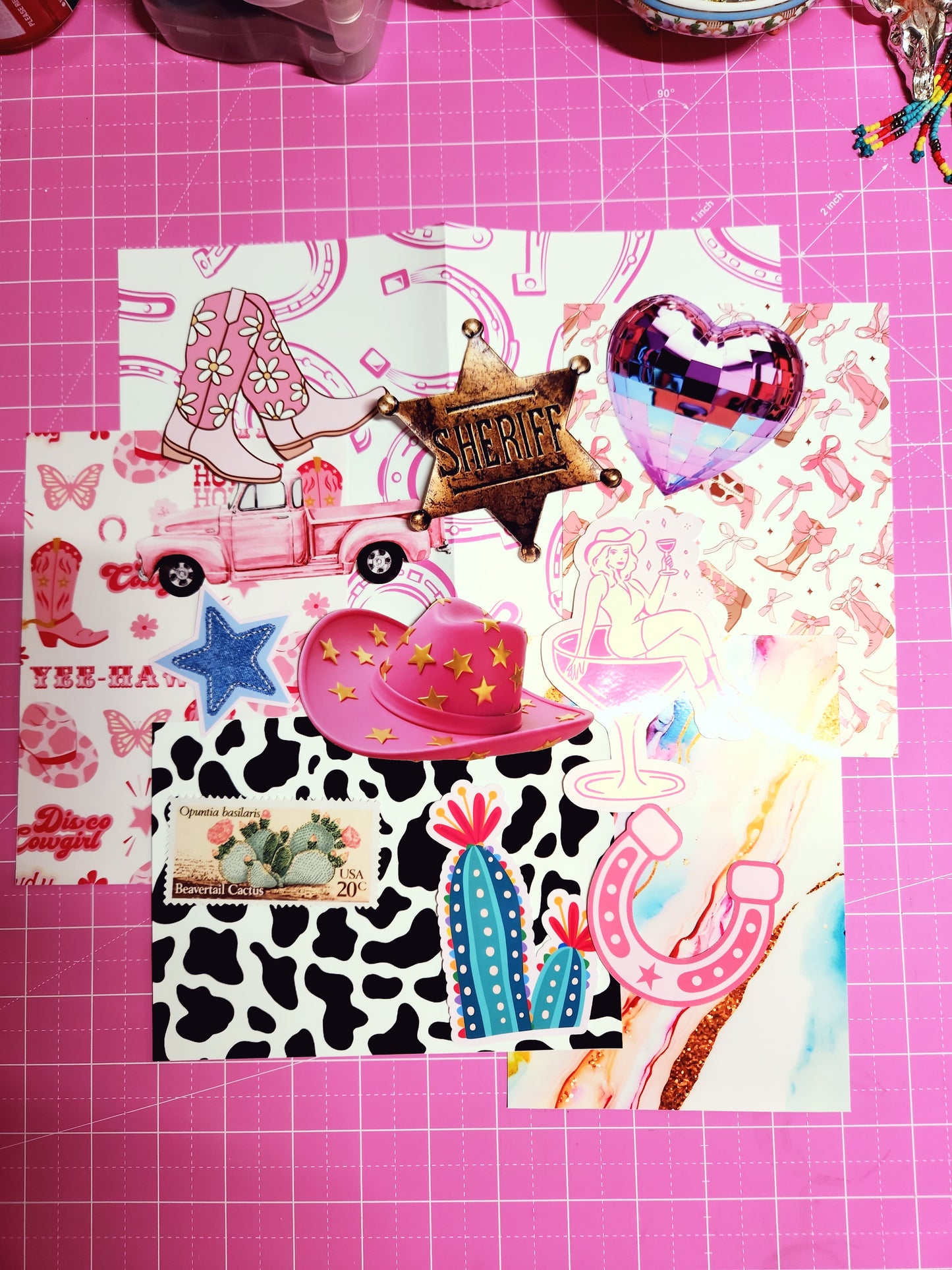 Collection of decorative stickers on a pink grid background