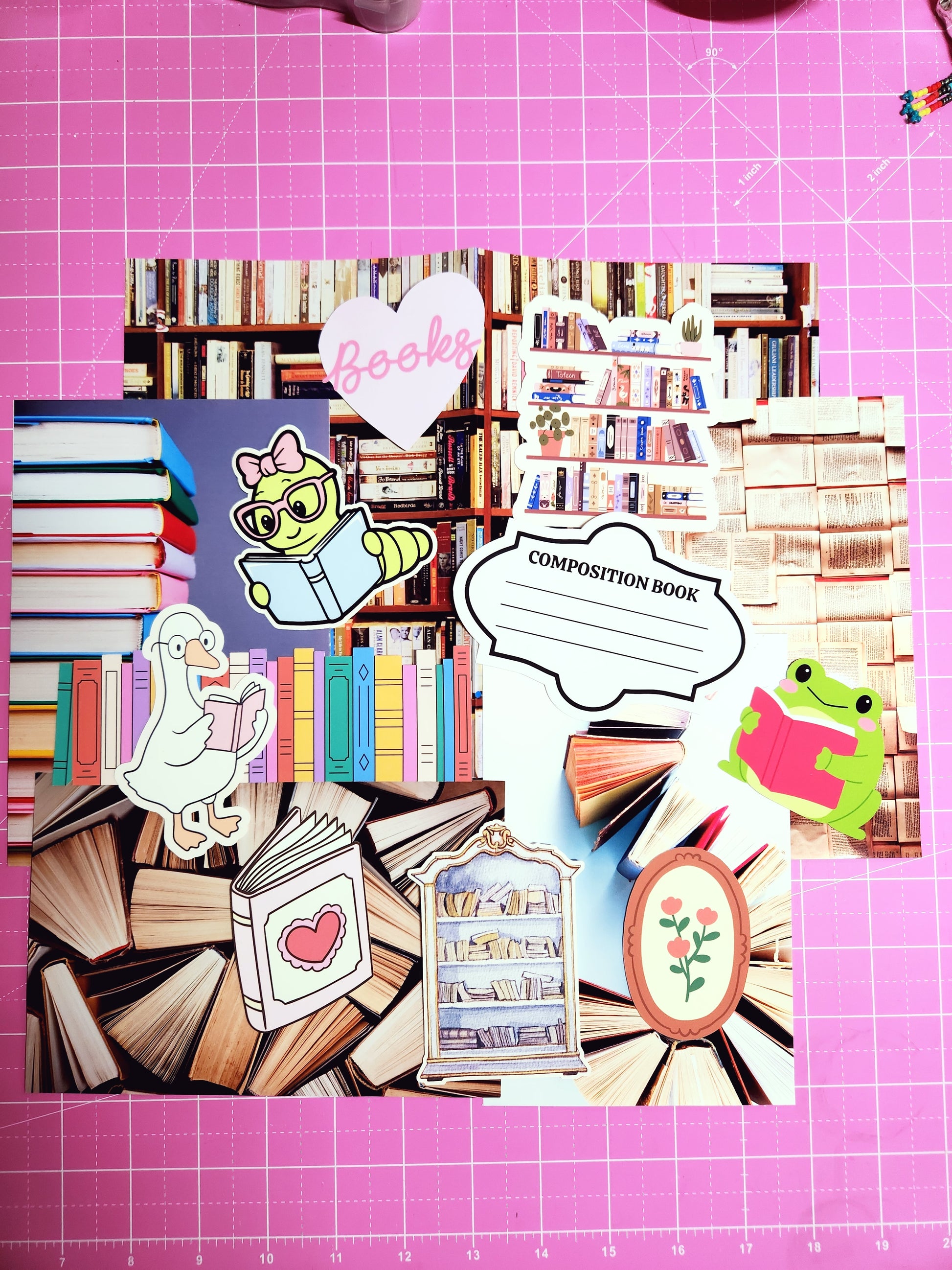 Collage of book-themed stickers on a pink cutting mat