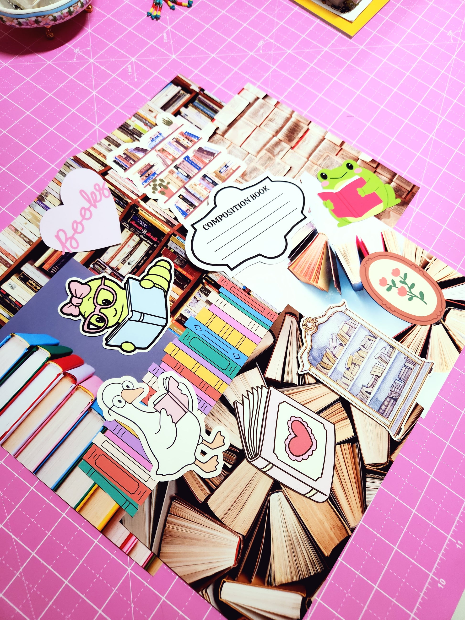 Collection of decorative stickers on a pink grid background