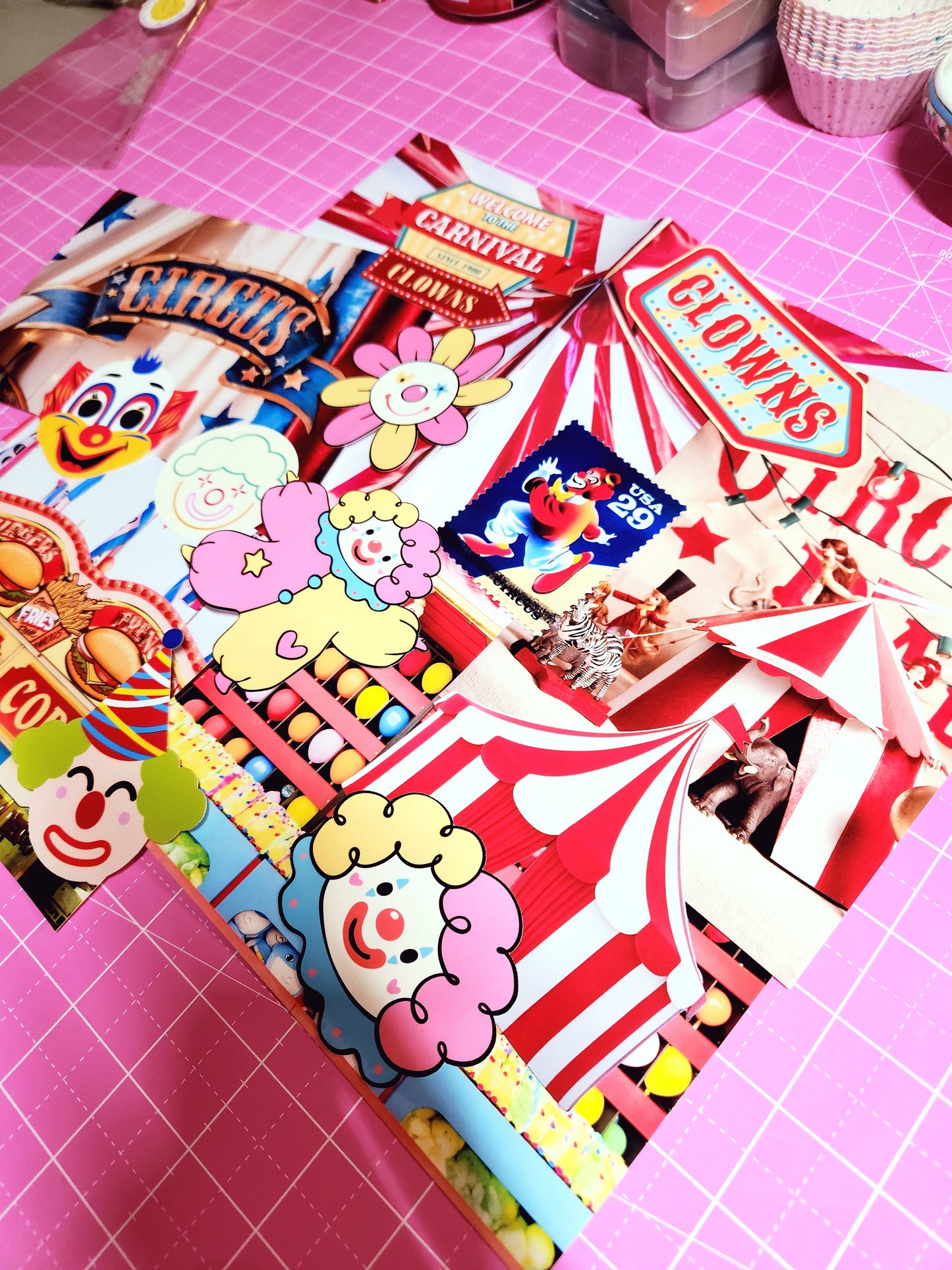 Colorful collage of clown-themed items on a pink grid background