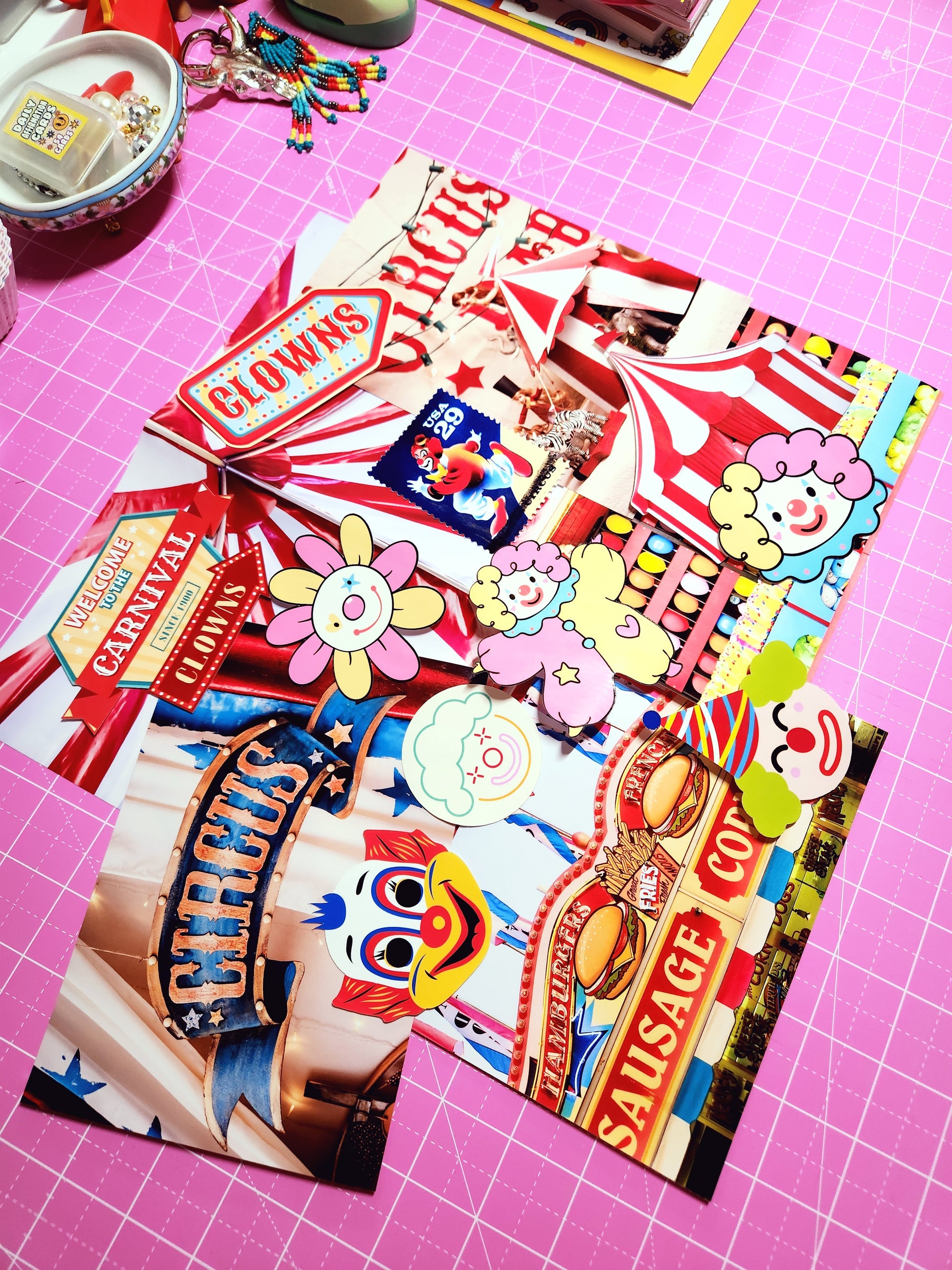 Colorful carnival-themed stickers on a pink grid background