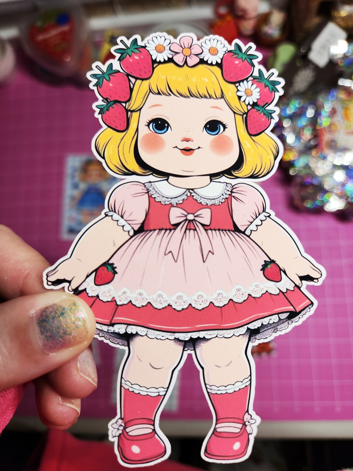 Cartoon character with strawberry-themed outfit held by a hand on a pink background