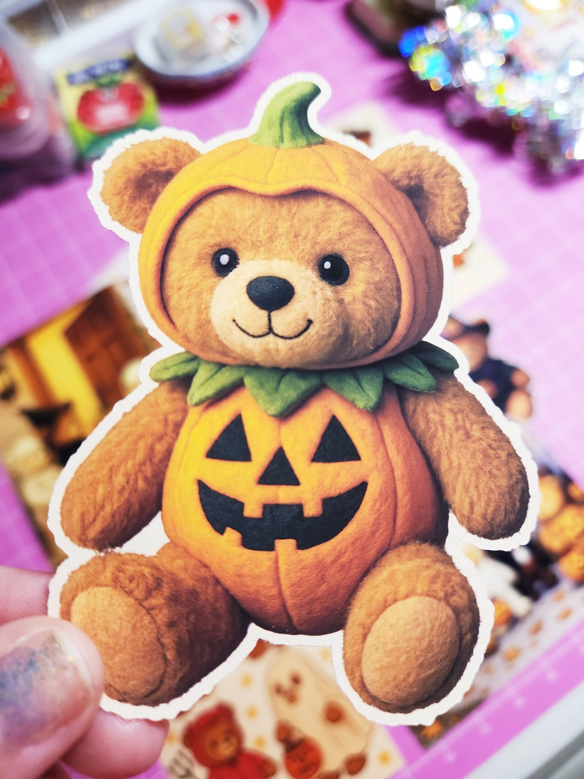 Teddy bear in a pumpkin costume held by a hand with a blurred background