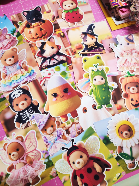 Collection of colorful stickers featuring various animal characters in costumes on a pink grid background.