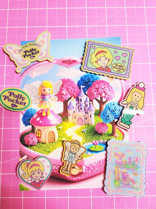 Polly Pocket toy set with characters and accessories on a pink grid background