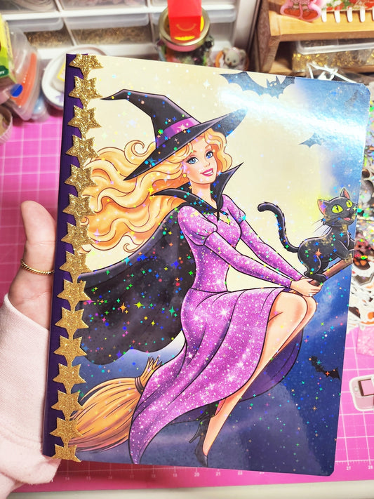 Cartoon witch on a broomstick with a black cat on a colorful background