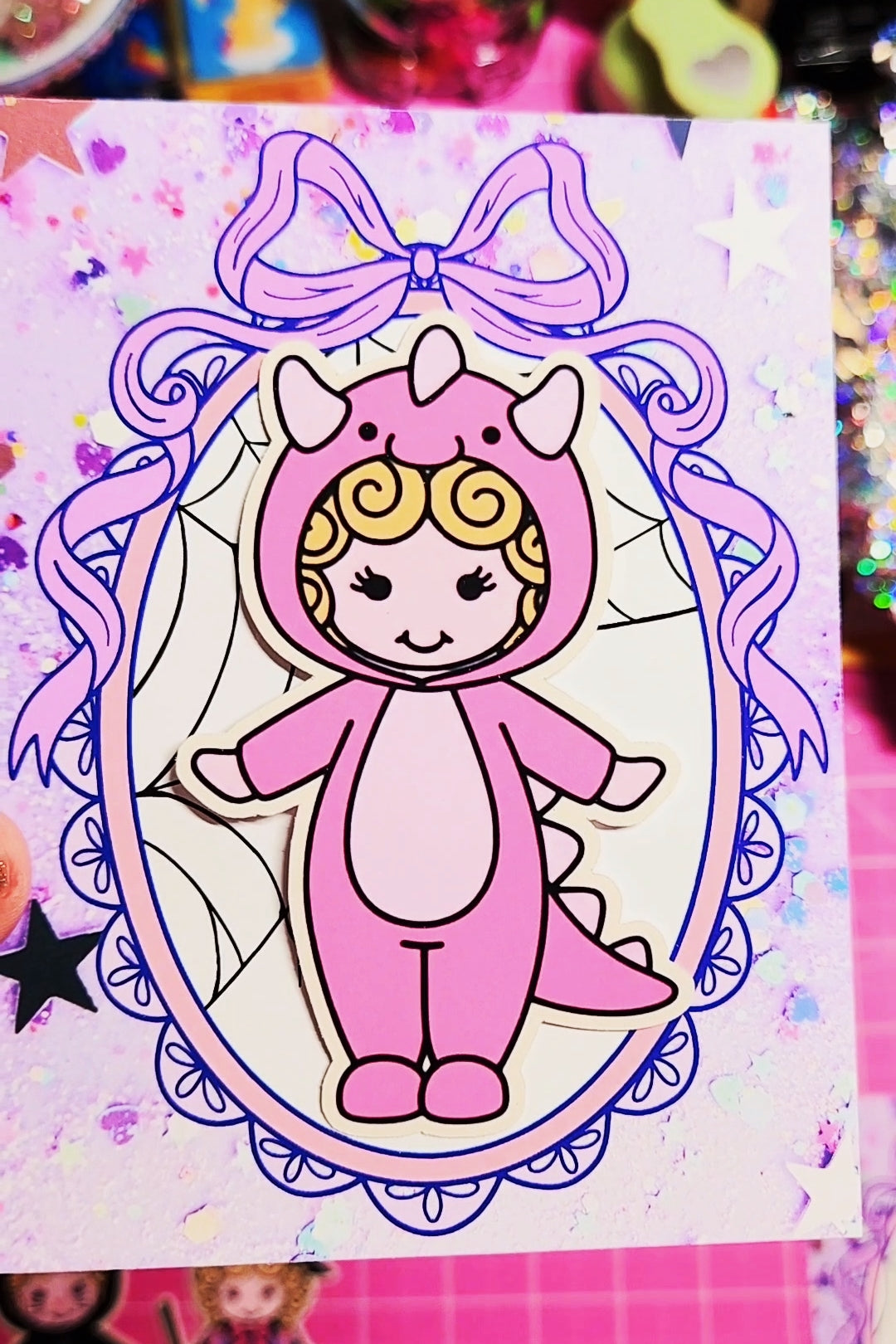 Cartoon character in a pink outfit with a purple bow on a colorful background