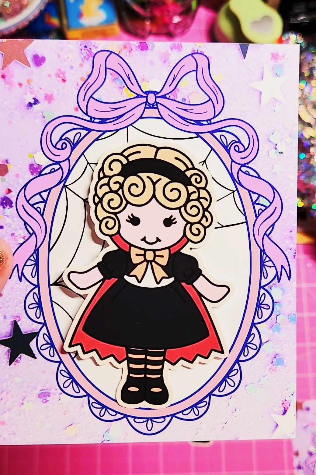 Illustration of a character with a large bow in a decorative frame on a colorful background.