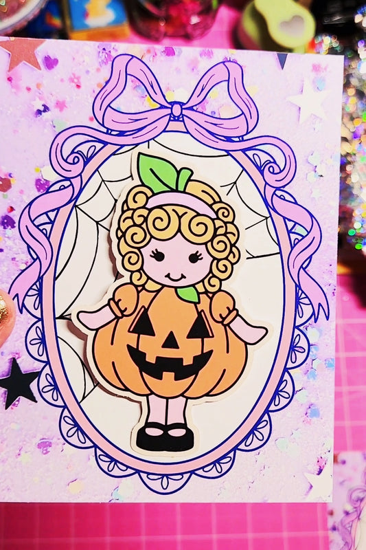 Cartoon character in a pumpkin costume with a purple bow on a colorful background