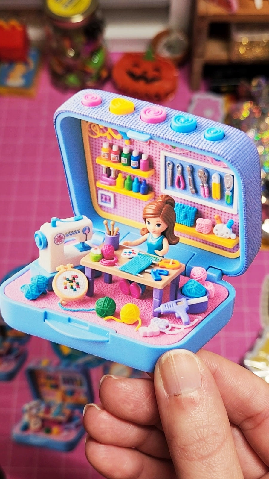 Toy set with a doll and various accessories on a colorful background