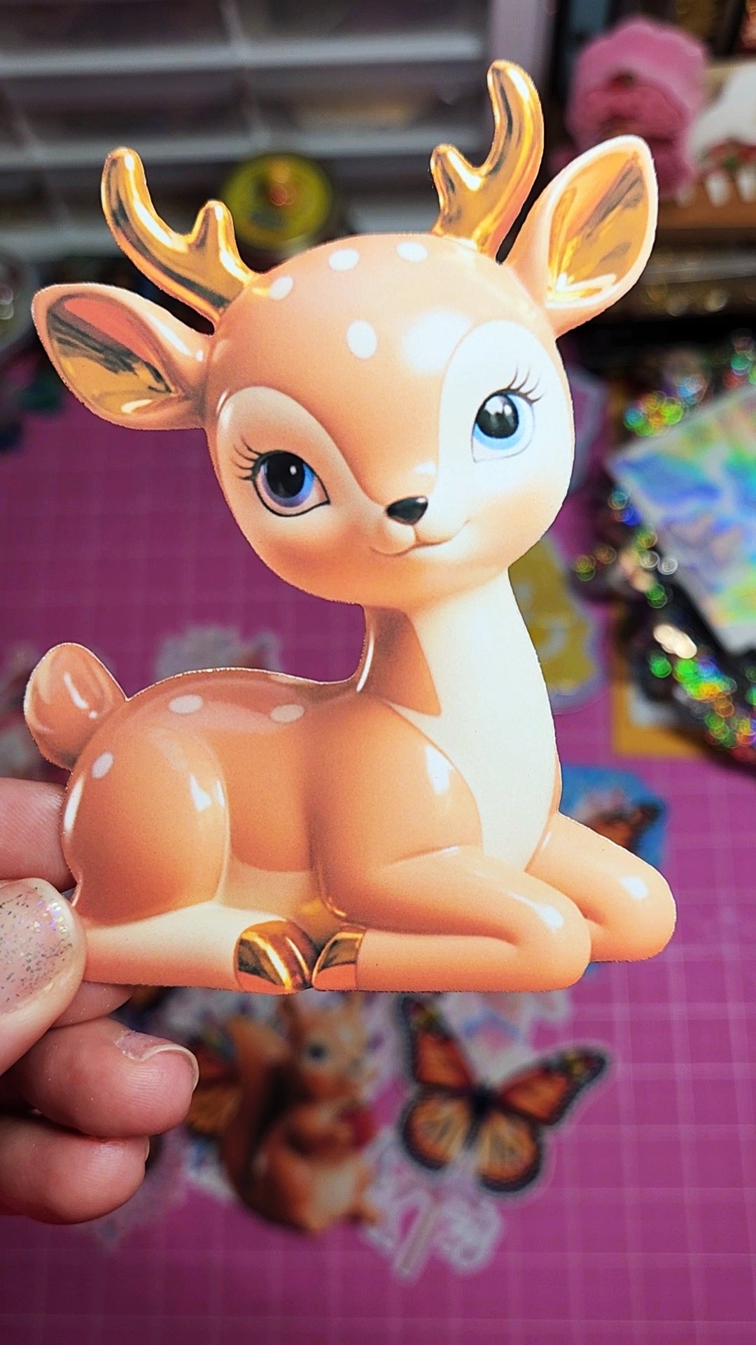 Toy deer figurine held by a hand with a colorful background