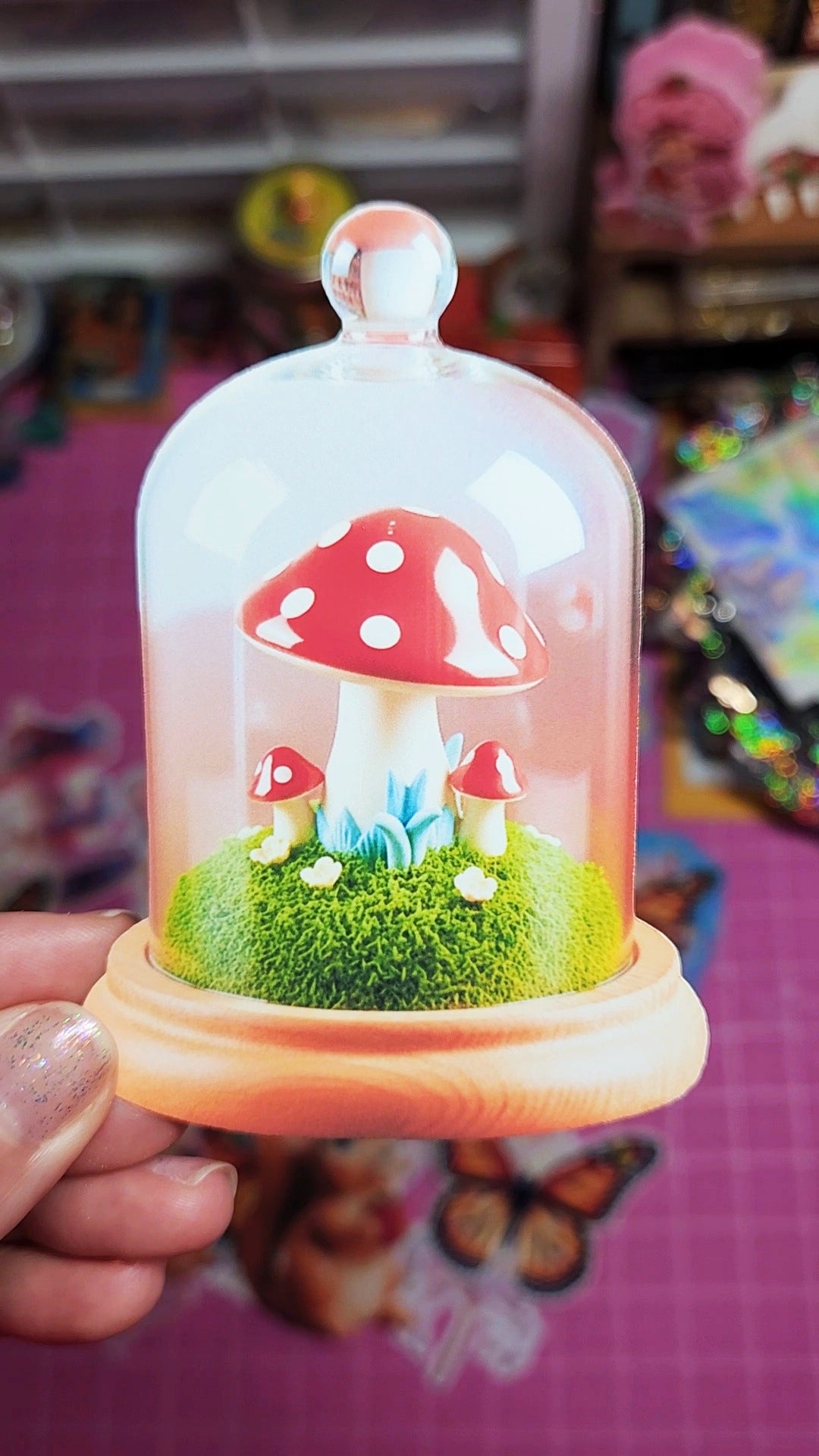 Small decorative garden with mushrooms inside a transparent dome held by a hand on a colorful background.