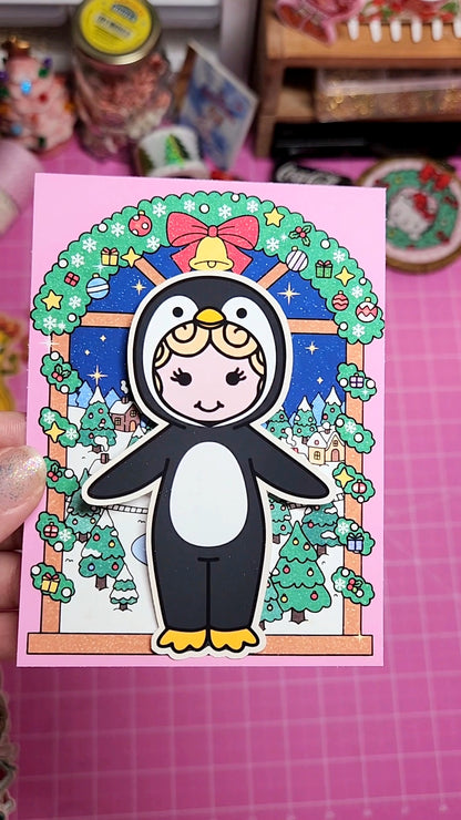 Cartoon penguin character with a festive background held against a pink background.