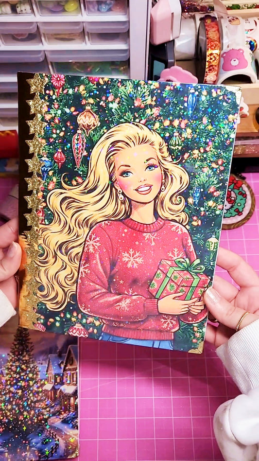 Coloring book with a Christmas-themed cover featuring a character in a red sweater holding a gift.
