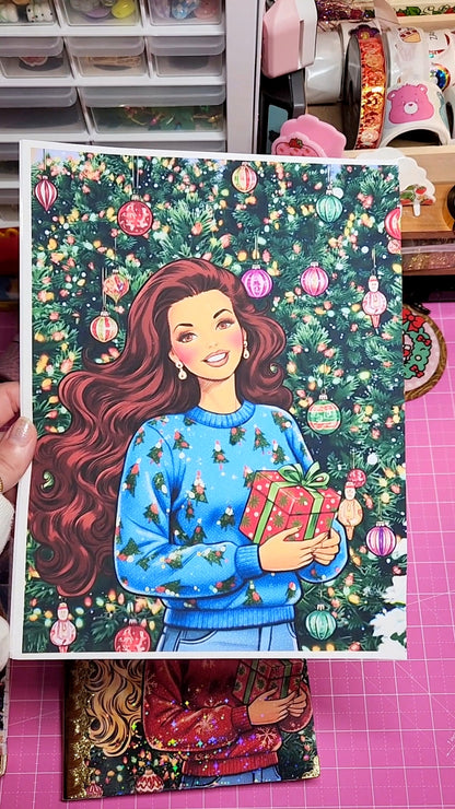 Illustration of a woman holding a gift with a festive background